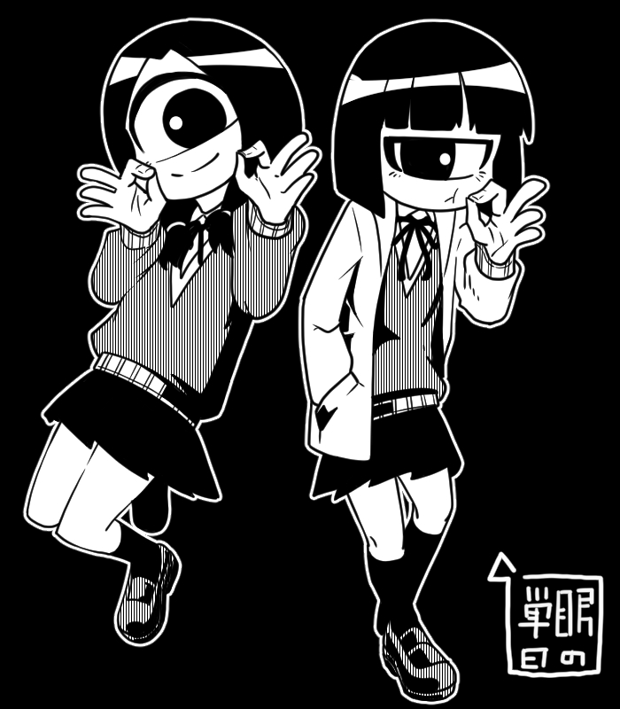 2girls, black_background, black_skirt, blunt_bangs, bob_cut, cyclops, greyscale, hand_in_pocket