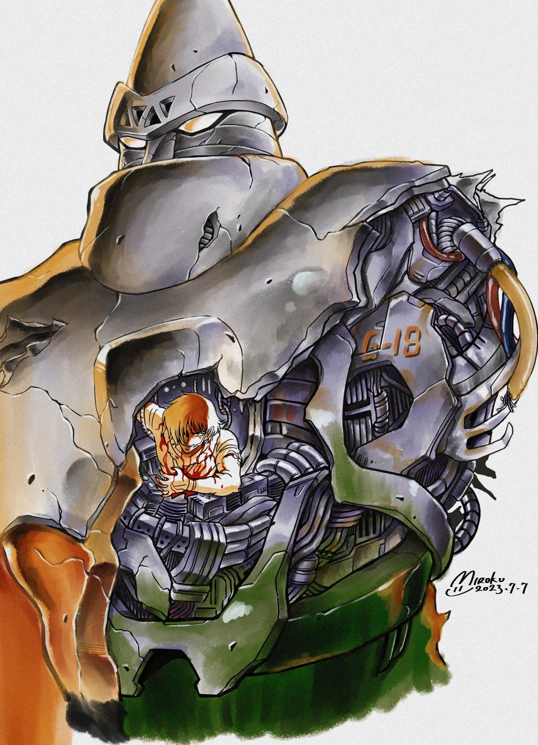 1990s_(style), 1boy, battle_damage, blood, blood_on_clothes, blood_on_hands, bodysuit, book_cover_redraw