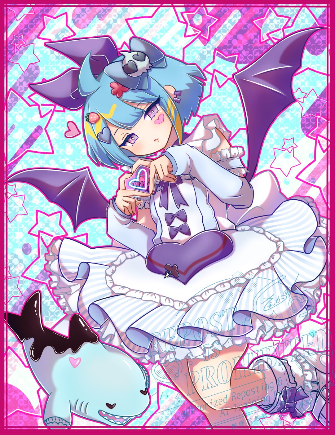 1girl, bare_shoulders, black_wings, blue_background, blue_dress, blue_hair, cowboy_shot, demon_girl