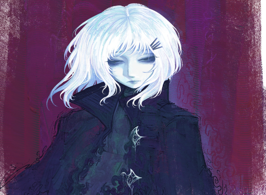 1girl, abstract_background, bags_under_eyes, ben-day_dots, blue_eyes, blue_eyeshadow, blue_lips, buttons
