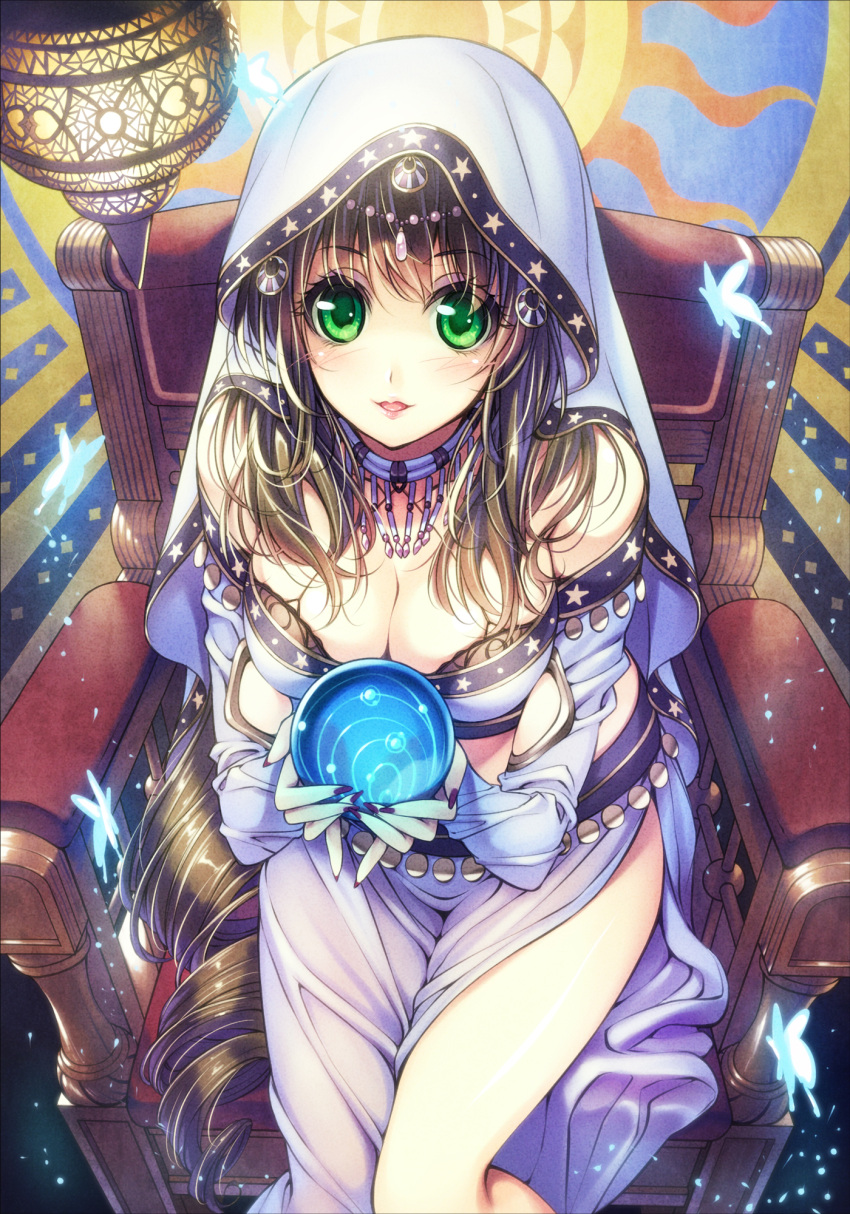 blush, bra, breasts, brown_hair, butterfly, chair, circlet, cleavage