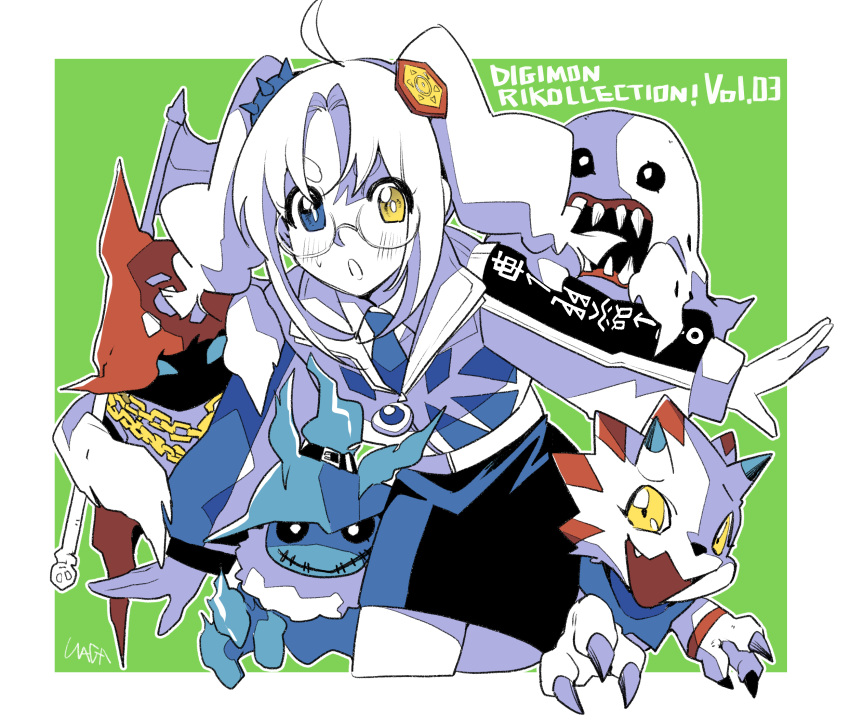1girl, bakemon, blue_eyes, border, cosplay, cowboy_shot, digimon, digimon_(creature)