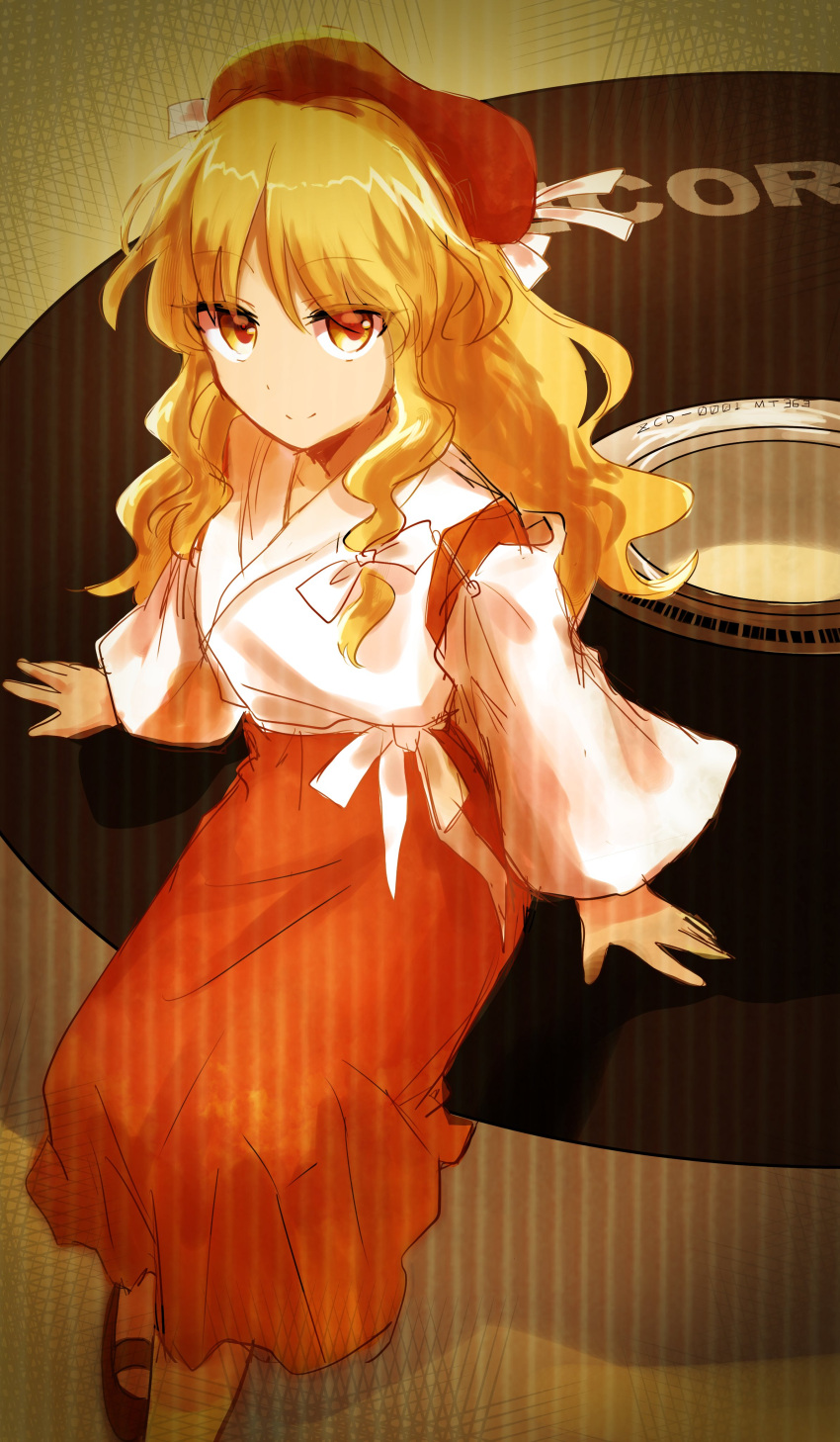 1girl, absurdres, beret, blonde_hair, bow, cd, closed_mouth, detached_sleeves, hair_bow, happy, hat, highres, hourai_girl_(touhou), japanese_clothes, kimono, long_hair, long_sleeves, looking_at_viewer, mary_janes, miko, portrait_of_exotic_girls, red_hat, sabayomi_38, sash, sepia, shoes, single_sidelock, sitting, smile, solo, touhou, wavy_hair, white_bow, white_kimono, white_sash, wide_sleeves, yellow_eyes