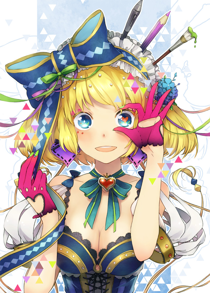 blue_eyes, bow, breasts, brush, bust, cleavage, colorful, flower