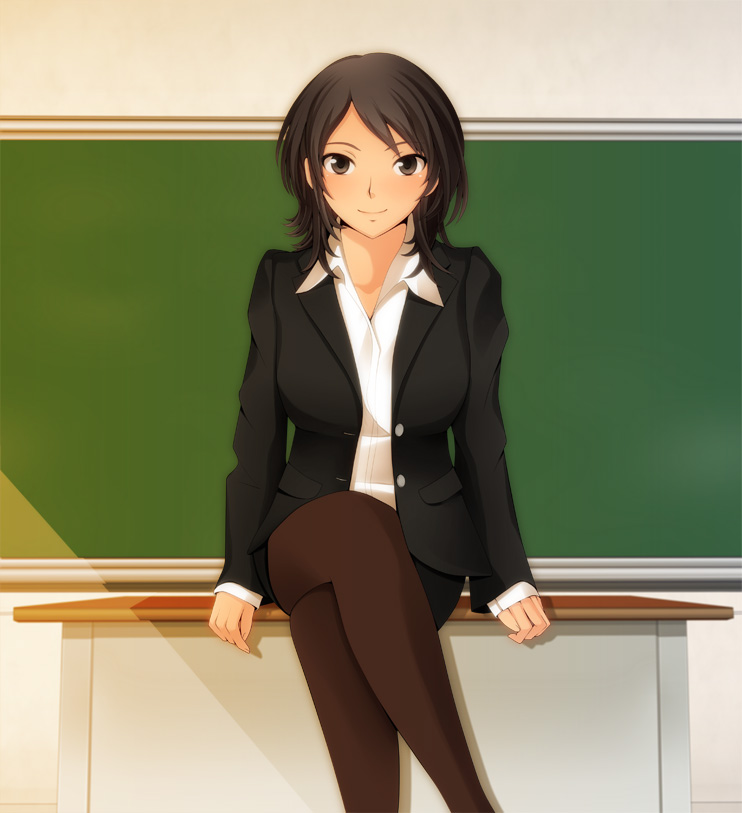 1girl, amagami, black_eyes, black_hair, breasts, chalkboard, classroom, crossed_legs