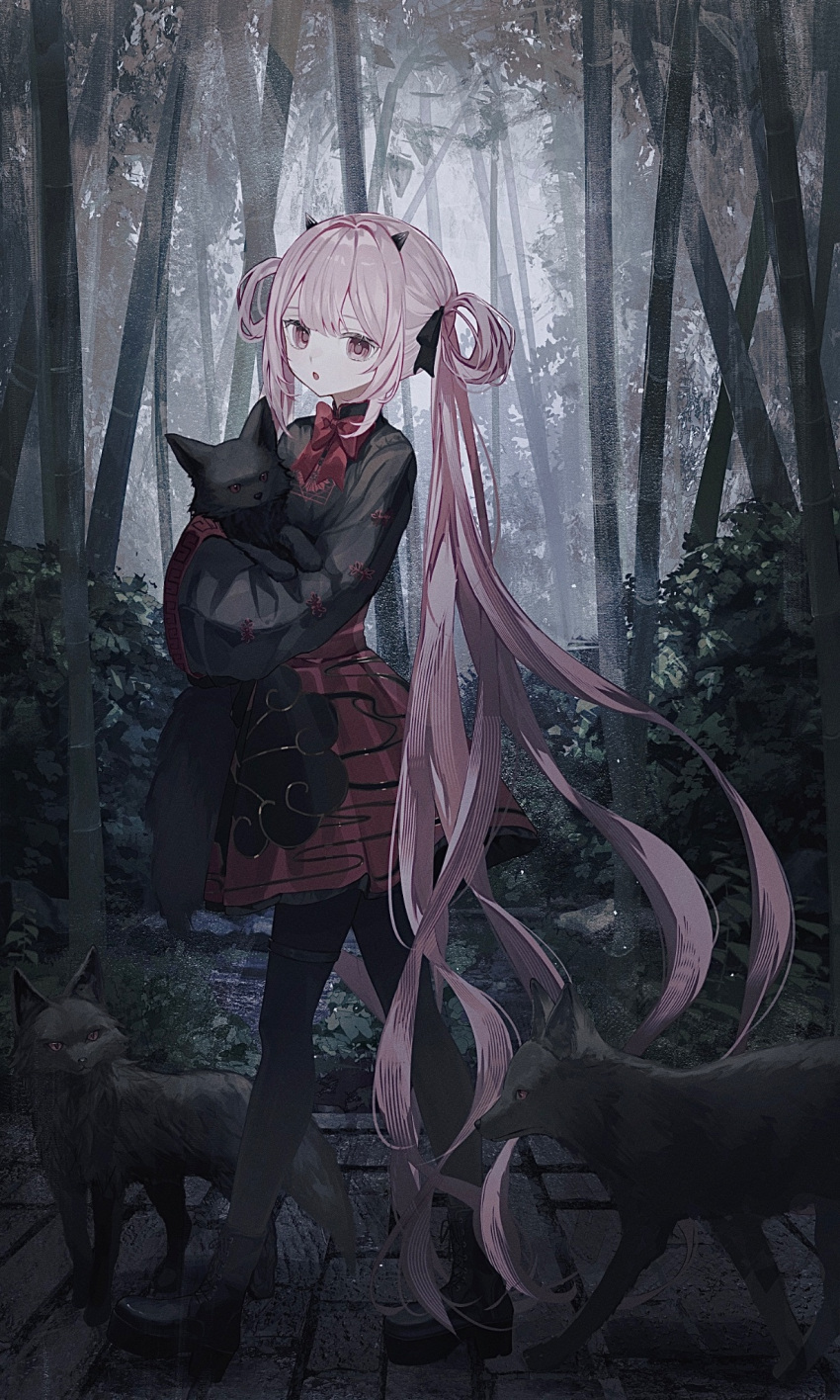 1girl, animal, bamboo, bamboo_forest, black_dog, black_pantyhose, black_shirt, black_shoes
