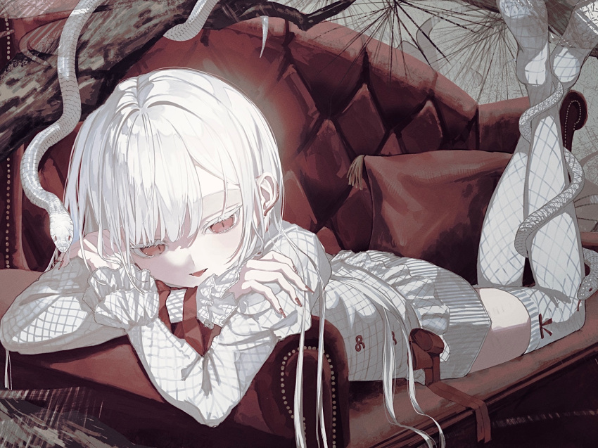 1girl, couch, feet_up, highres, long_hair, looking_at_viewer, lying, no_shoes