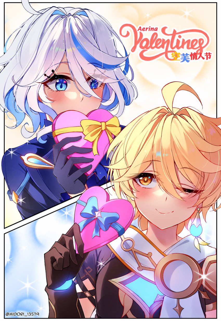 1boy, 1girl, ;), aether_(genshin_impact), ahoge, black_gloves, blonde_hair, blue_bow