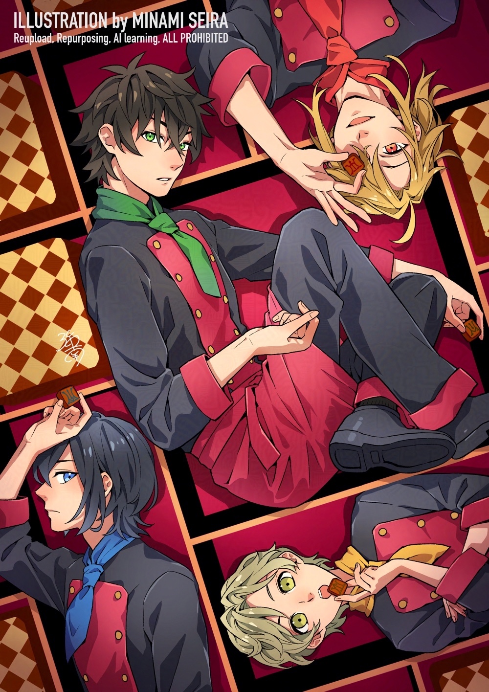 4boys, :d, ahoge, alternate_costume, amaki_ren, apron, artist_name, black_boots