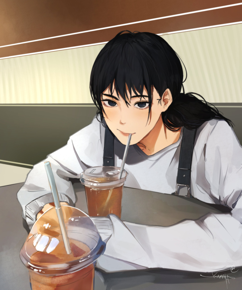 1girl, absurdres, black_eyes, black_hair, black_overalls, chainsaw_man, closed_mouth, coffee