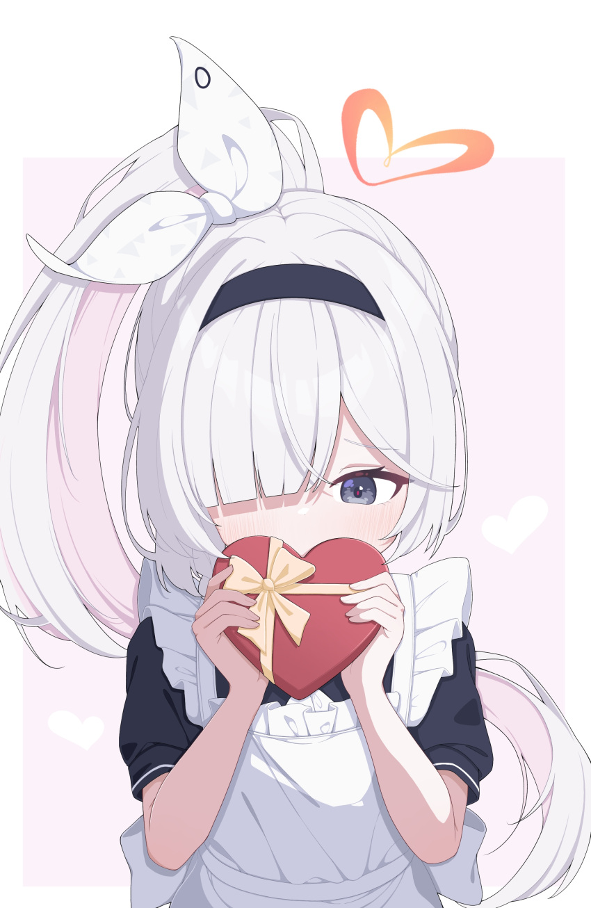 1girl, absurdres, alternate_costume, alternate_hairstyle, apron, black_eyes, black_hairband, blue_archive