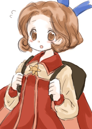 backpack, bag, blush, brown_eyes, brown_hair, buumin, cape, carol_anderson