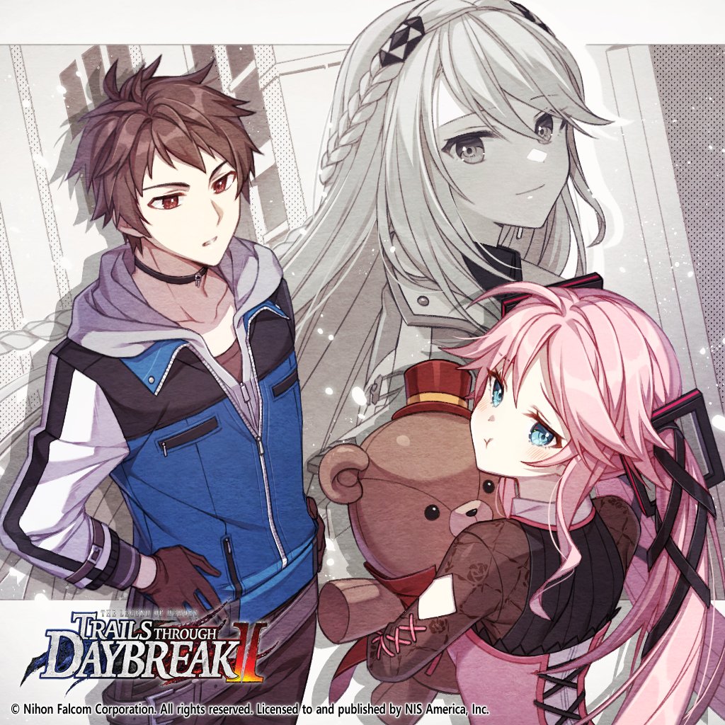 1boy, 2girls, :t, belt, black_choker, black_ribbon, blue_eyes, blue_jacket