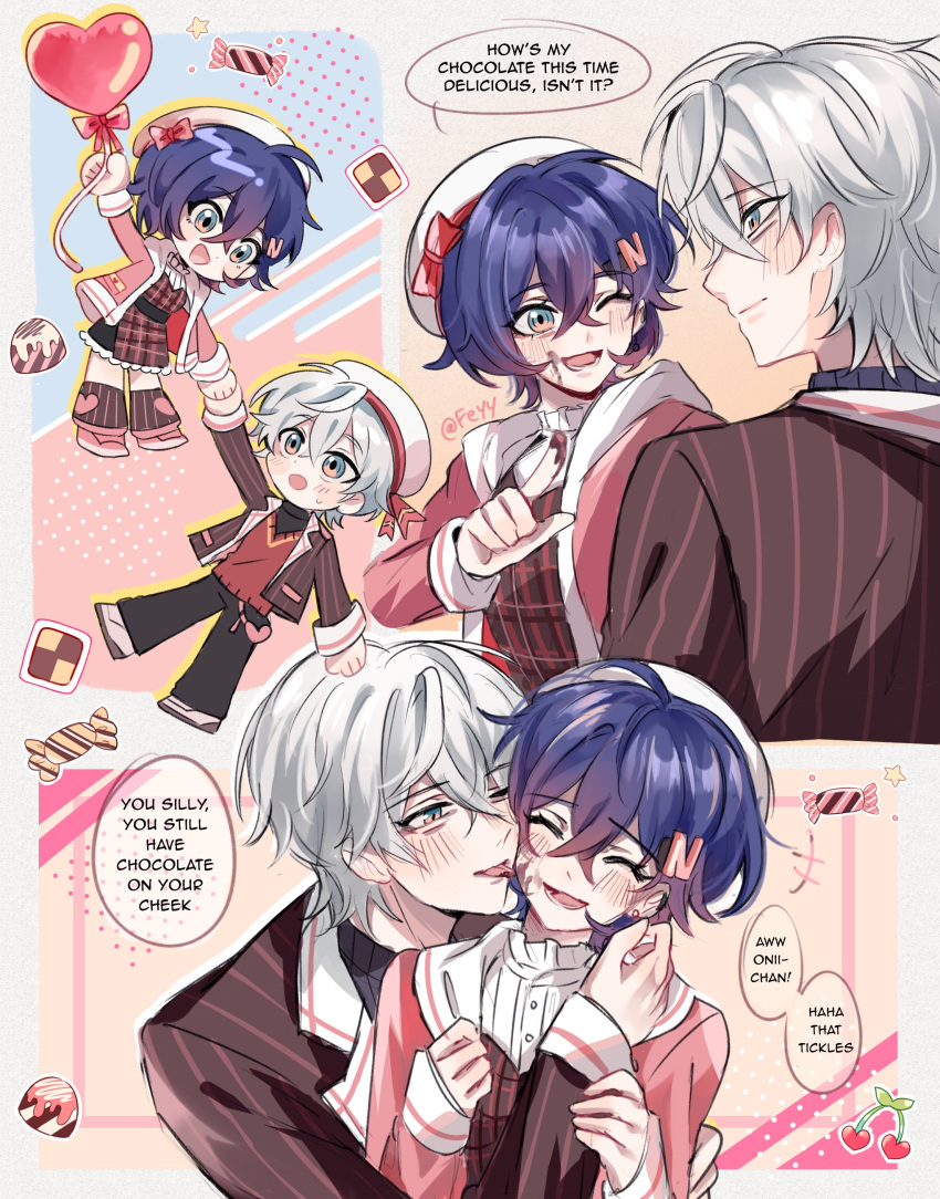 1boy, 1girl, absurdres, artist_name, belle_(zenless_zone_zero), blue_hair, blush, brother_and_sister
