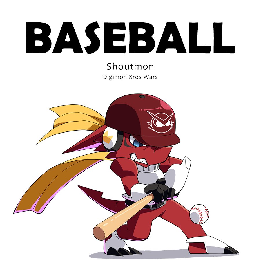baseball_bat, baseball_cap, blue_eyes, character_name, colored_skin, copyright_name, digimon, digimon_(creature)