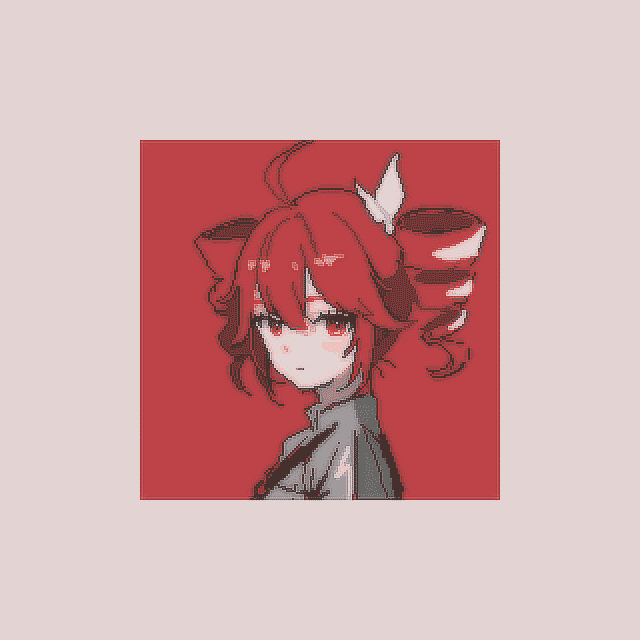 1girl, ahoge, blush, border, bow, drill_hair, from_side, grey_jacket, hair_between_eyes, hair_bow, hair_ribbon, jacket, kasane_teto, kasane_teto_(sv), looking_at_viewer, looking_to_the_side, pink_border, pixel_art, portrait, red_background, red_eyes, red_hair, ribbon, sana_(ansancityboy), shoulder_belt, simple_background, solo, synthesizer_v, twin_drills, utau, white_bow, white_ribbon