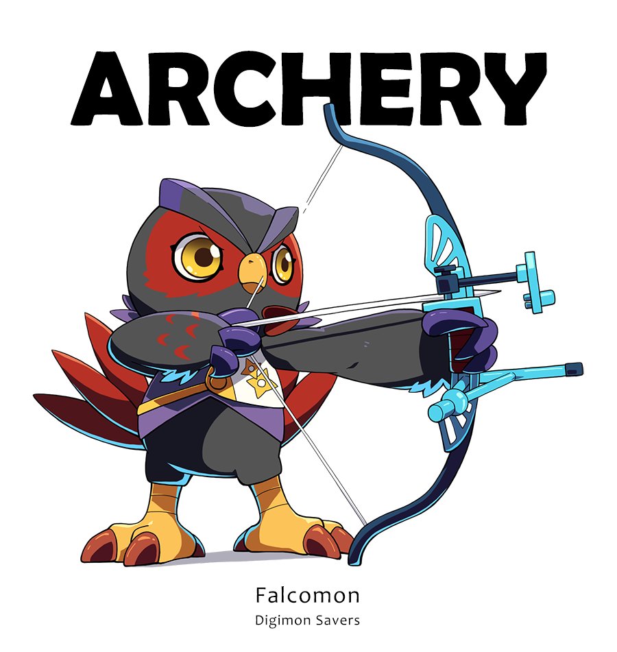 archery, arrow_(projectile), beak, bird, black_feathers, bow_(weapon), character_name, copyright_name
