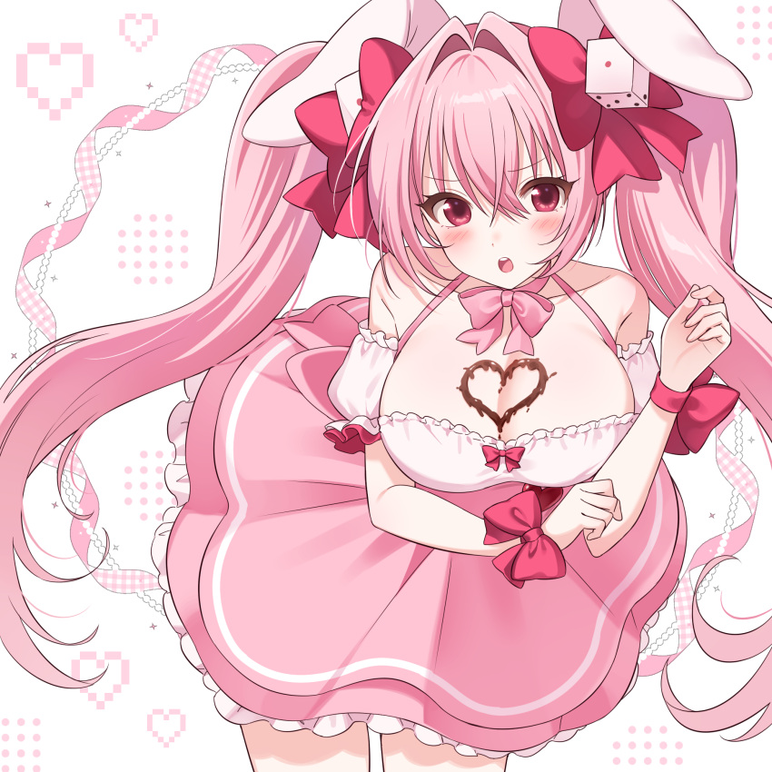 1girl, animal_ears, chocolate, chocolate_on_body, chocolate_on_breasts, di_gi_charat, di_gi_charat_(1999), dress