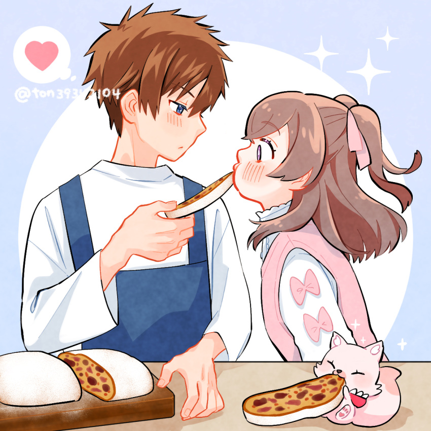 1boy, 1girl, apron, blue_apron, blue_eyes, blush, brown_hair, closed_mouth