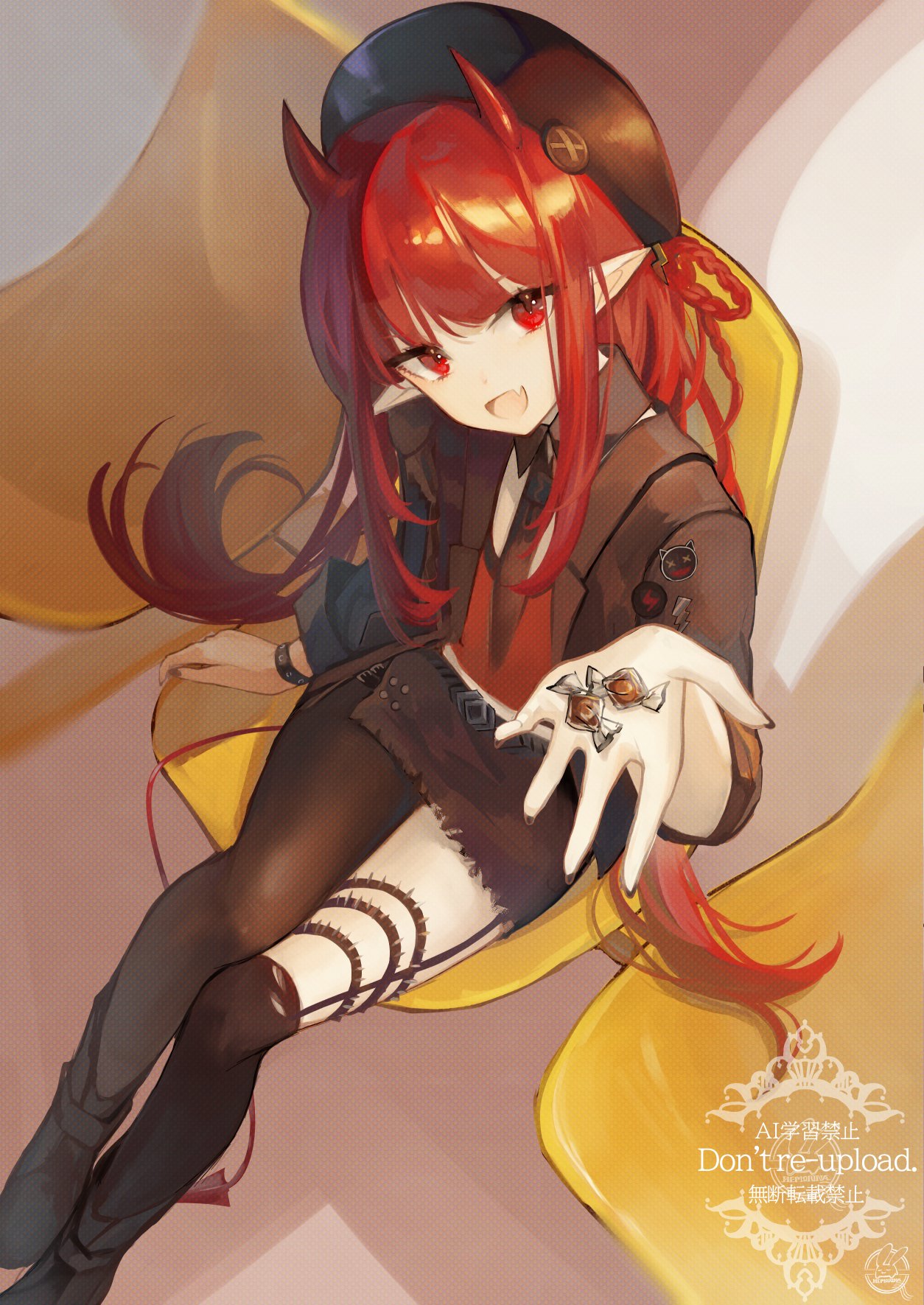 1girl, :d, arknights, asymmetrical_legwear, beret, brown_hat, brown_jacket, brown_pantyhose