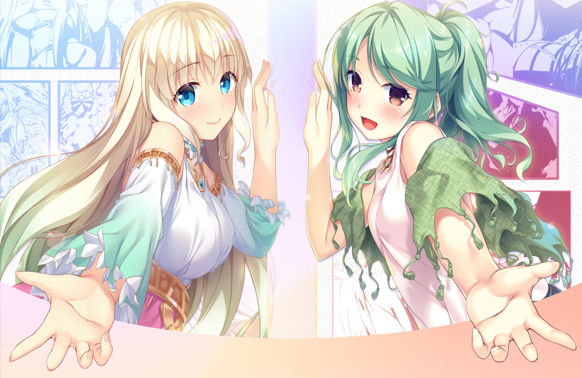 2girls, blonde_hair, blush, brown_eyes, detached_sleeves, green_hair, harem_ja_nai_yo_kingdom, highres