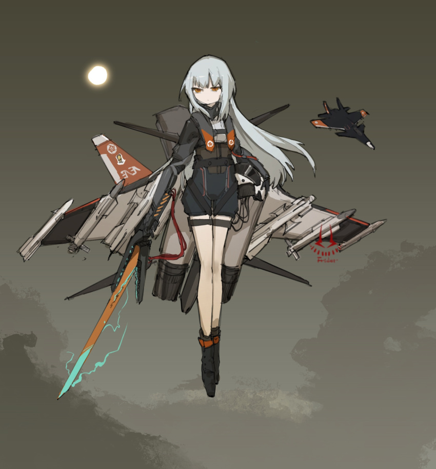 ace_combat, clouds, cloudy_sky, energy_sword, erusean_flag, frider, highres, mecha_musume
