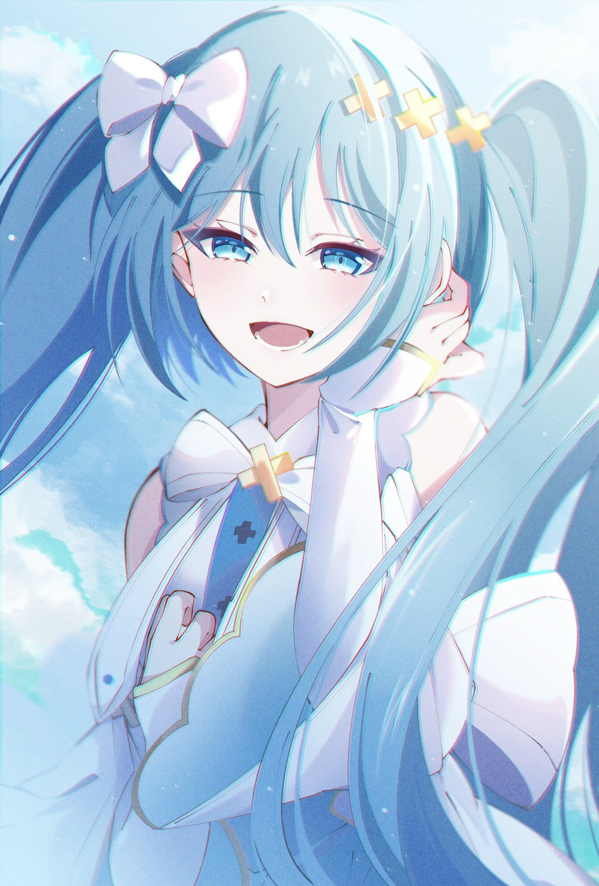 aqua_hair, blue_sky, bow, detached_sleeves, dress, hair_bow, hair_ornament, hatsune_miku, highres, hiramado_miku, kowareta_sekai_to_utaenai_miku, long_hair, project_sekai, sky, sleeveless, sleeveless_dress, smile, twintails, very_long_hair, vocaloid, white_dress, x_hair_ornament, yuragi96