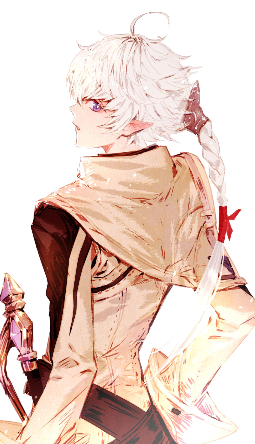 1girl, alisaie_leveilleur, braid, braided_ponytail, brown_capelet, brown_jacket, capelet, elezen, elf, final_fantasy, final_fantasy_xiv, from_behind, hair_between_eyes, highres, holstered, jacket, long_hair, looking_at_viewer, looking_back, meitangsiyan, parted_lips, pointy_ears, profile, sideways_glance, simple_background, solo, violet_eyes, weapon, white_background, white_hair