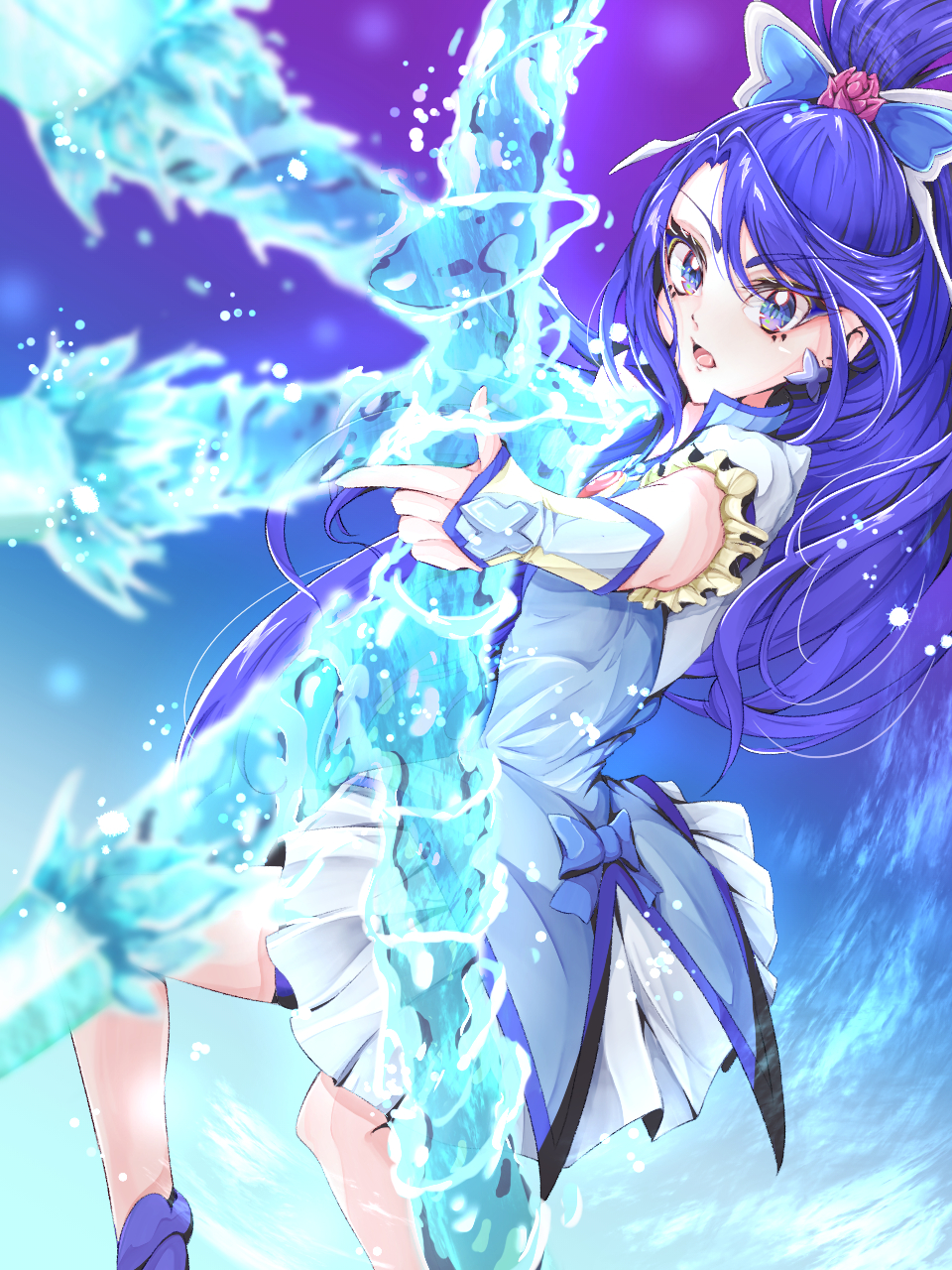 1girl, bike_shorts, blue_dress, blue_eyes, blue_hair, blue_shorts, blue_vest, boots