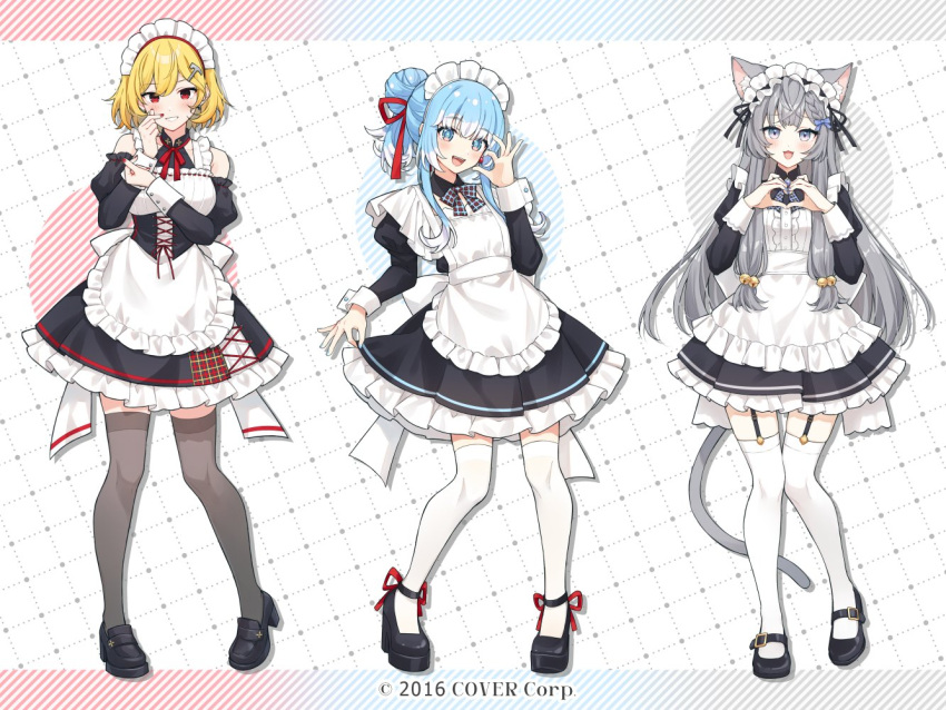3girls, :3, alternate_costume, animal_ear_fluff, animal_ears, ankle_ribbon, apron, back_bow, bell, black_skirt, black_thighhighs, blonde_hair, blue_eyes, blue_hair, blue_nails, blunt_bangs, blush, bow, bowtie, cat_ears, cat_girl, cat_tail, center_frills, clothes_lift, colored_tips, commentary, company_name, copyright_notice, corset, cross-laced_clothes, cross-laced_corset, cross-laced_skirt, crossed_bangs, double_finger_heart, enmaided, fine_fabric_emphasis, finger_heart, fingernails, framed_breasts, frilled_apron, frilled_skirt, frills, full_body, garter_belt, green_eyes, grey_hair, grey_nails, hair_bow, hair_bun, hair_ornament, heart, heart_hands, holoh3roes, hololive, hololive_indonesia, jingle_bell, juliet_sleeves, kaela_kovalskia, kobo_kanaeru, layered_skirt, leg_ribbon, loafers, long_hair, long_sleeves, looking_at_viewer, maid, maid_apron, maid_headdress, mary_janes, moe_moe_kyun!, multicolored_hair, multiple_girls, nail_polish, off_shoulder, official_art, ok_sign, patterned_background, penny_loafers, plaid_bow, plaid_bowtie, plaid_clothes, pleated_skirt, puffy_sleeves, puunyannyan, red_eyes, red_nails, ribbon, shoes, short_hair, sidelocks, single_hair_bun, skirt, skirt_hold, sleeve_cuffs, smile, standing, tail, teeth, thigh-highs, vestia_zeta, virtual_youtuber, white_thighhighs