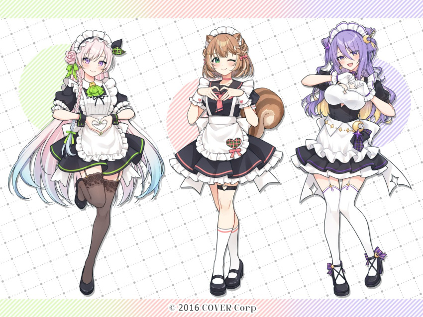 3girls, 4-finger_heart_hands, airani_iofifteen, alternate_costume, animal_ears, ankle_bow, apron, area_15