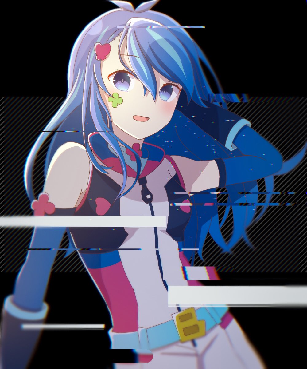 1girl, alternate_form, antenna_hair, arm_behind_head, atltax_00, bare_shoulders, belt, black_background, blue_arm_warmers, blue_belt, blue_eyes, blue_girl, blue_gloves, blue_hair, blue_shirt, blue_trim, bodysuit, breasts, elbow_gloves, facial_tattoo, facing_to_the_side, full-length_zipper, glitch, gloves, hand_in_own_hair, hand_on_own_head, highres, jacket, looking_at_viewer, medium_hair, open_mouth, parted_bangs, pink_trim, popped_collar, shirt, shorts, sleeveless, sleeveless_bodysuit, sleeveless_shirt, small_breasts, smile, sweater, tattoo, white_bodysuit, white_jacket, white_shorts, white_sweater, yu-gi-oh!, yu-gi-oh!_vrains, zaizen_aoi, zipper, zipper_pull_tab