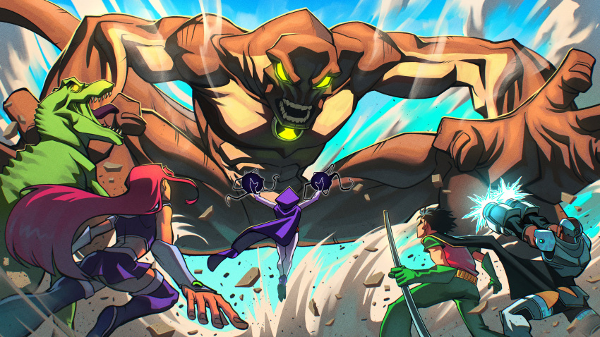 2girls, 4boys, absurdres, alien, battle, beast_boy_(dc), ben_10, ben_10:_alien_force, ben_tennyson, crossed_legs, cyborg_(dc), dc_comics, dick_grayson, fighting_stance, green_eyes, green_light, highres, multiple_boys, multiple_girls, obarii, omnitrix, raven_(dc), robin_(dc), starfire, superhero_costume, teen_titans, teen_titans_(tv_series)