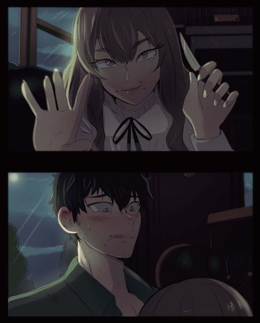 1boy, 1girl, absurdres, black_border, black_hair, black_ribbon, blush, border