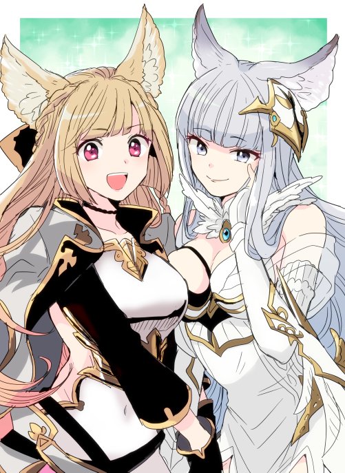 2girls, animal_ears, armor, blonde_hair, breastplate, coat, dress, erune