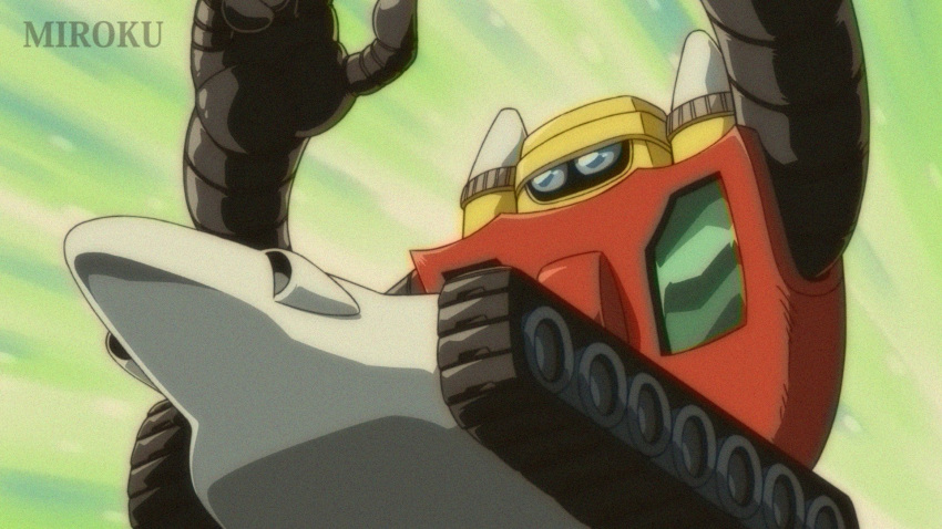 armor, blue_eyes, caterpillar_tracks, fake_screenshot, full_body, getter-3, getter_robo, getter_robo_(classic)