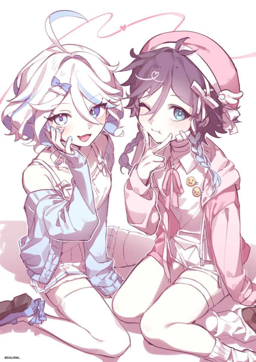 1boy, 1girl, :i, ahoge, alternate_costume, androgynous, beret, blue_eyes, blue_hair, blue_nails, daln1m, fang, furina_(genshin_impact), genshin_impact, hat, highres, looking_at_viewer, multicolored_hair, one_eye_closed, open_mouth, pastel_colors, pink_hair, short_shorts, shorts, sitting, skin_fang, thigh-highs, venti_(genshin_impact), wariza, white_background, white_hair, white_thighhighs