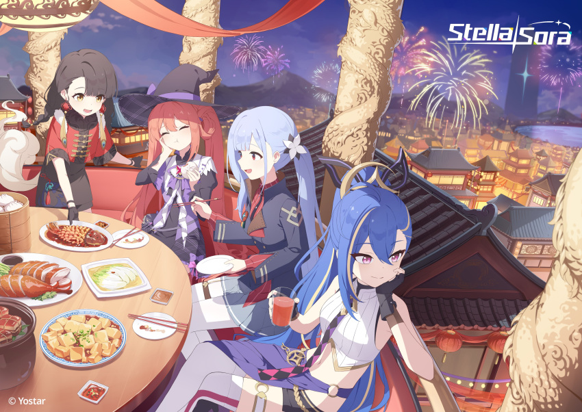4girls, :d, :t, ^_^, absurdres, aerial_fireworks, bamboo_steamer, bare_shoulders