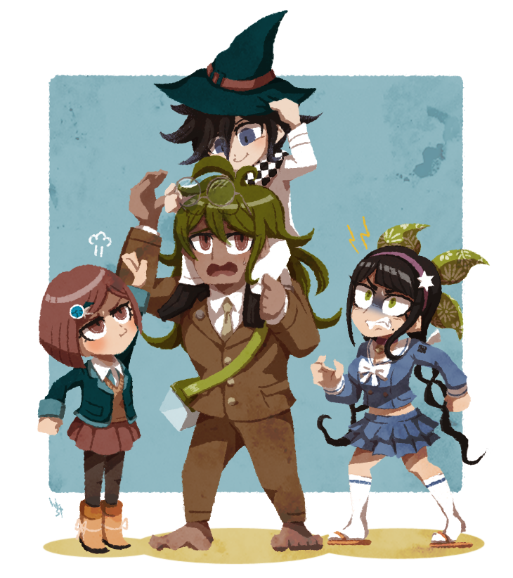2boys, 2girls, angry, barefoot, black_hair, black_pantyhose, blue_eyes, blue_shirt