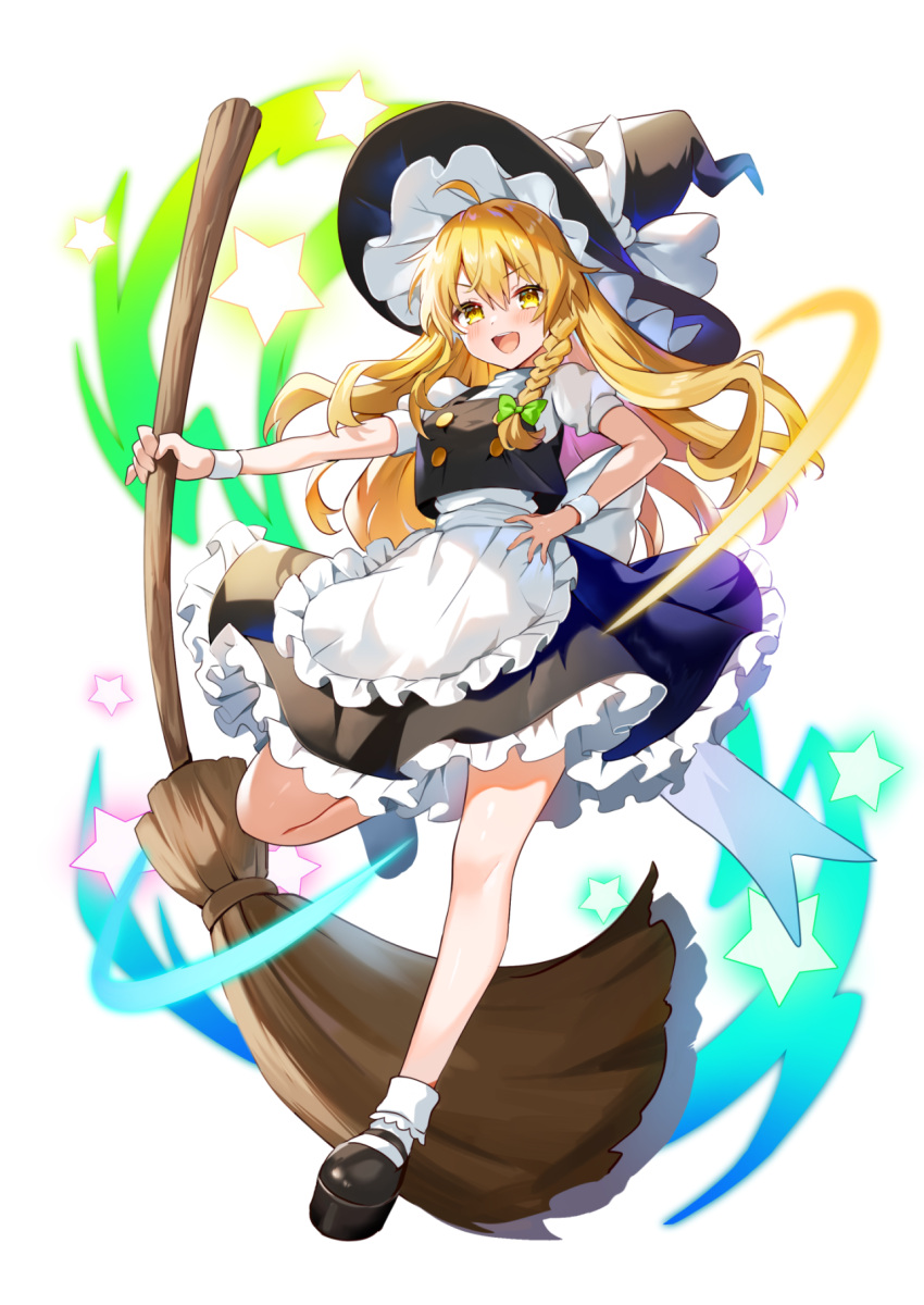 1girl, apron, black_hat, black_shoes, black_skirt, black_vest, blonde_hair, blush, bow, braid, broom, frilled_skirt, frills, full_body, game_cg, green_bow, hair_between_eyes, hair_bow, hakurei_frontier_spell_strive, hat, hat_bow, highres, holding, holding_broom, kirisame_marisa, long_hair, looking_at_viewer, official_art, open_mouth, puffy_short_sleeves, puffy_sleeves, satoupote, shirt, shoes, short_sleeves, side_braid, single_braid, skirt, smile, socks, solo, star_(symbol), third-party_source, touhou, transparent_background, very_long_hair, vest, waist_apron, white_apron, white_bow, white_shirt, white_socks, witch_hat, yellow_eyes