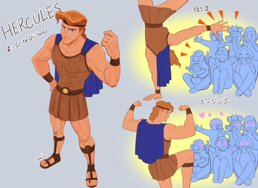 1boy, 6+girls, absurdres, ancient_greek_clothes, camera, crowd, d74335631, english_text, greco-roman_clothes, hercules_(1997_film), hercules_(disney), highres, holding, holding_camera, looking_at_viewer, male_focus, mickey_mouse_ears, minnie_mouse_ears, multiple_girls, muscular, orange_hair, shirt, short_hair, sleeveless, smile, song_name