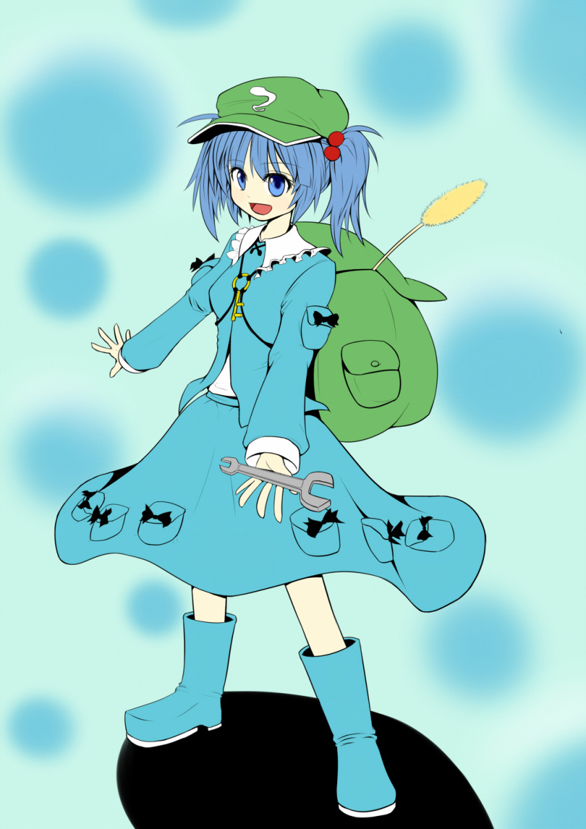 backpack, bag, blue_eyes, blue_hair, cattail, hair_bobbles, hair_ornament, hat, highres, hikoooki, kawashiro_nitori, key, open_mouth, plant, randoseru, short_hair, smile, solo, standing, touhou, twintails, wrench