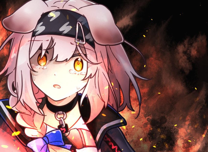 1girl, animal_ears, arknights, aza_nonoka, black_choker, black_hairband, bow, braid