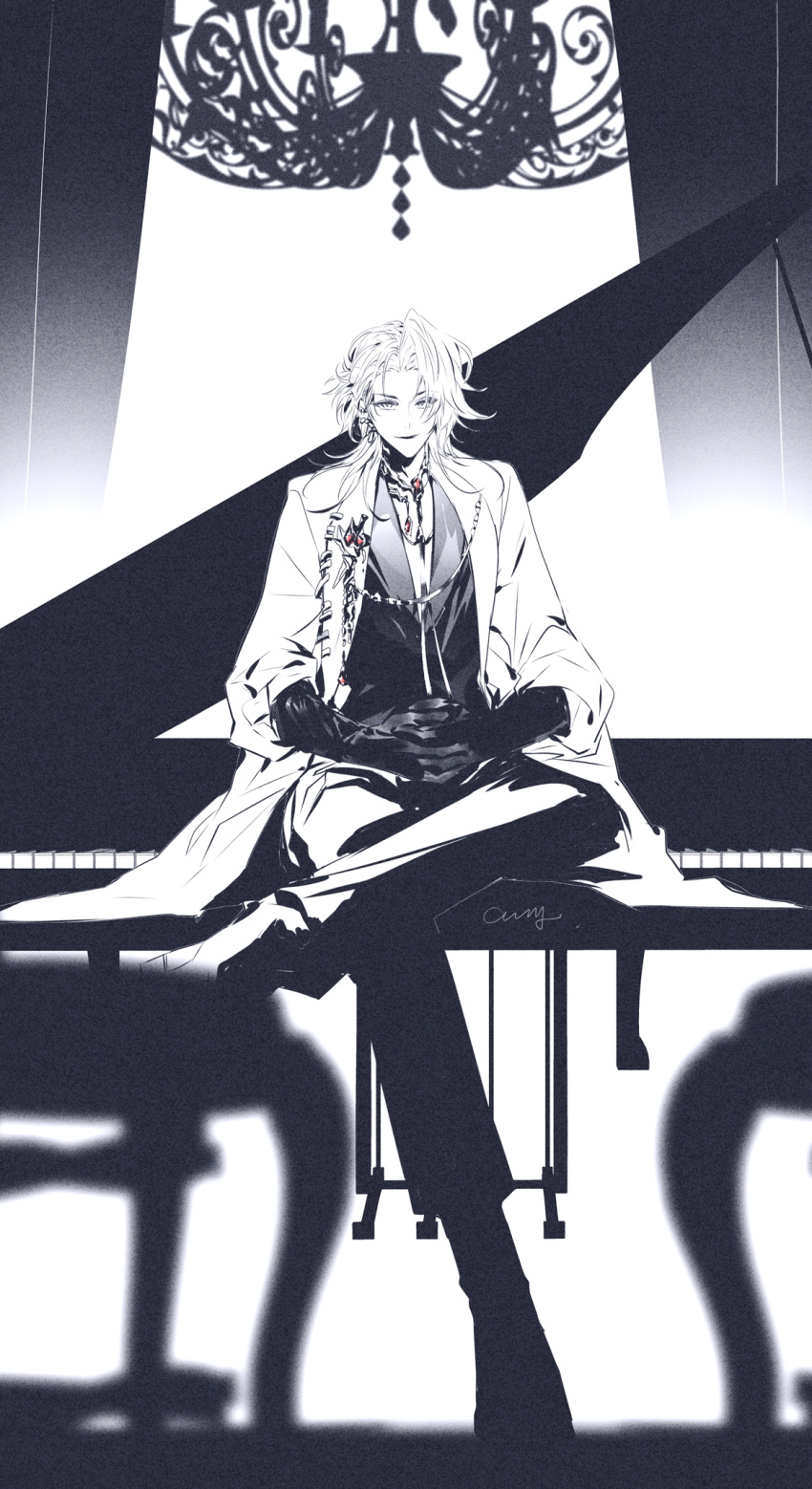 1girl, chain, chain_necklace, chandelier, chinese_commentary, coat, commentary, curtains