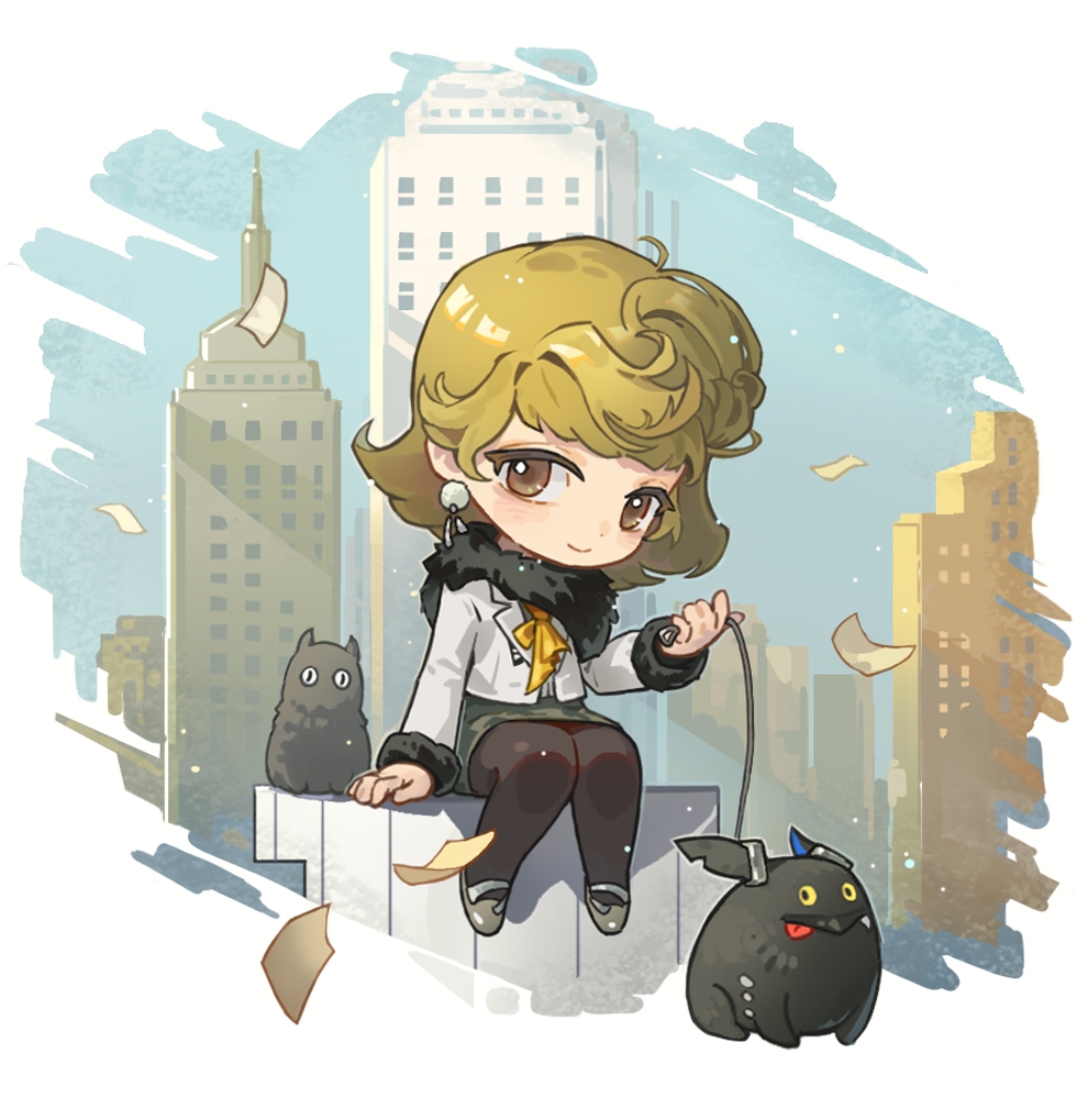 1girl, black_pantyhose, blonde_hair, blue_sky, border, brown_eyes, building, city