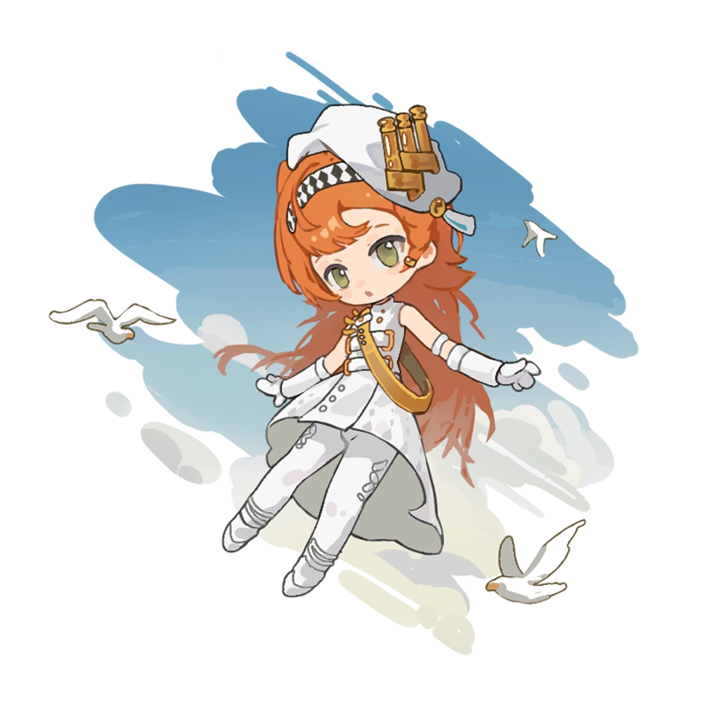 1girl, :o, beret, bird, blue_sky, border, checkered_hairband, clouds, deformed, dress, fading_border, full_body, gloves, green_eyes, hairband, hat, long_hair, looking_at_viewer, orange_hair, pantyhose, reverse:1999, sanzio76, sash, shoulder_sash, sky, sleeveless, sleeveless_dress, solo, sonetto_(parade_anthem)_(reverse:1999), sonetto_(reverse:1999), two_side_up, white_bird, white_boots, white_dress, white_gloves, white_hat, white_pantyhose, yellow_sash