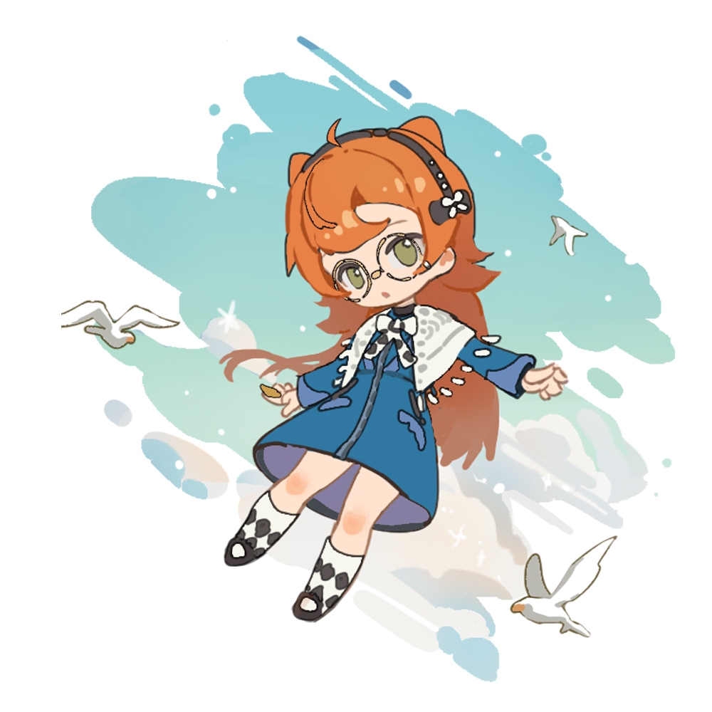 1girl, :o, bird, black_bow, black_hairband, black_shoes, blue_dress, blue_sky