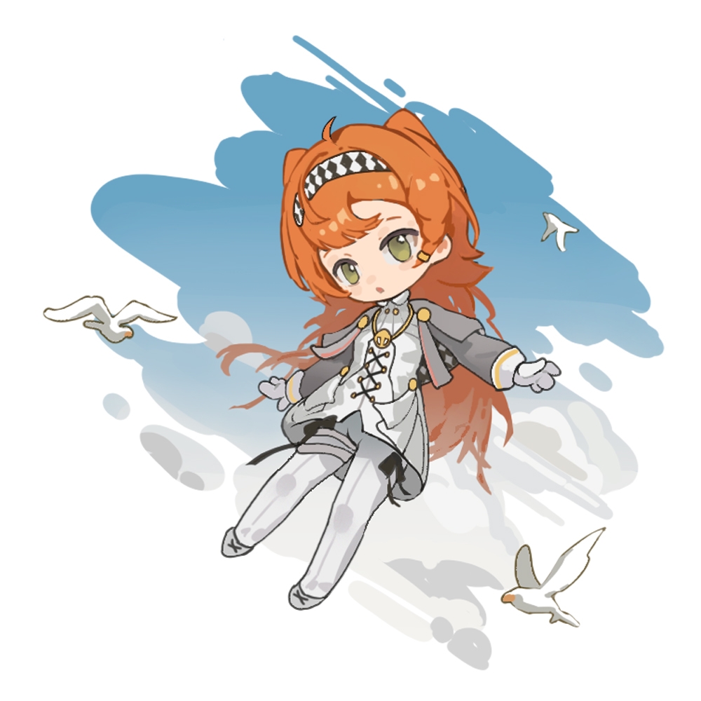 1girl, :o, bird, blue_sky, border, checkered_hairband, clouds, deformed