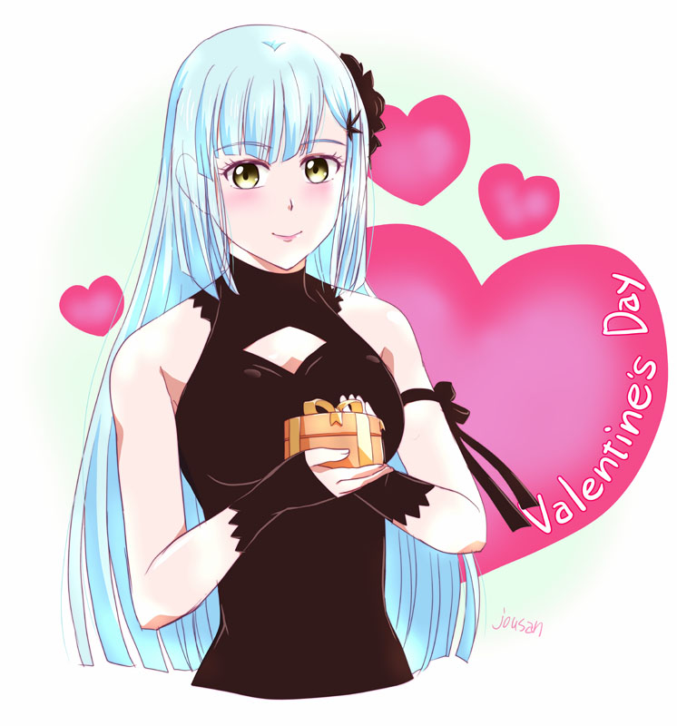 1girl, armband, artist_name, black_armband, black_dress, black_wrist_cuffs, blue_hair, blunt_bangs