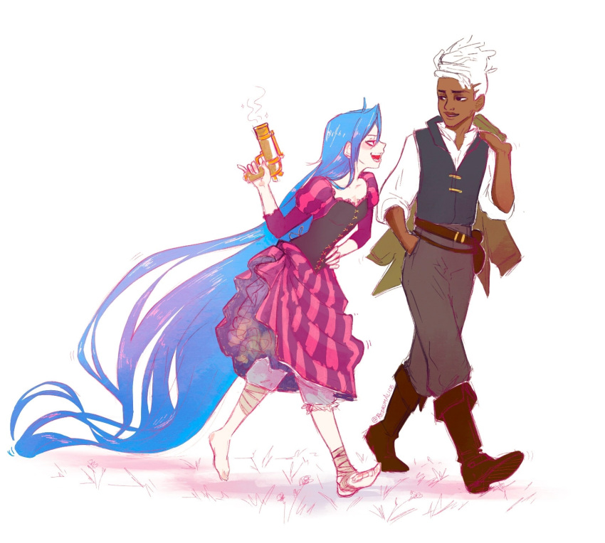 1boy, 1girl, absurdly_long_hair, alice_(redrumalice), alternate_costume, alternate_universe, arcane:_league_of_legends, arcane_jinx, bandaged_foot, bandaged_leg, bandages, belt, belt_pouch, black_boots, black_bustier, black_eyes, black_vest, bloomers, blue_hair, boots, brown_pants, coat, collarbone, cross-laced_clothes, dark-skinned_male, dark_skin, disney, dreadlocks, dress, ekko_(league_of_legends), english_commentary, eye_contact, firelight_ekko, flynn_rider, full_body, gun, hand_in_pocket, hand_on_own_hip, hand_up, handgun, highres, holding, holding_coat, holding_gun, holding_unworn_clothes, holding_weapon, jinx_(league_of_legends), juliet_sleeves, league_of_legends, long_hair, long_sleeves, looking_at_another, open_mouth, pants, petticoat, pouch, profile, puffy_sleeves, purple_dress, rapunzel_(disney), shirt, simple_background, smile, striped_clothes, striped_dress, tangled, tangled_(film), twitter_username, very_long_hair, vest, walking, weapon, white_background, white_hair, white_shirt